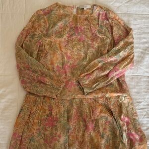 LOFT Metallic Floral Tiered Dress in Pink, Gold & Green